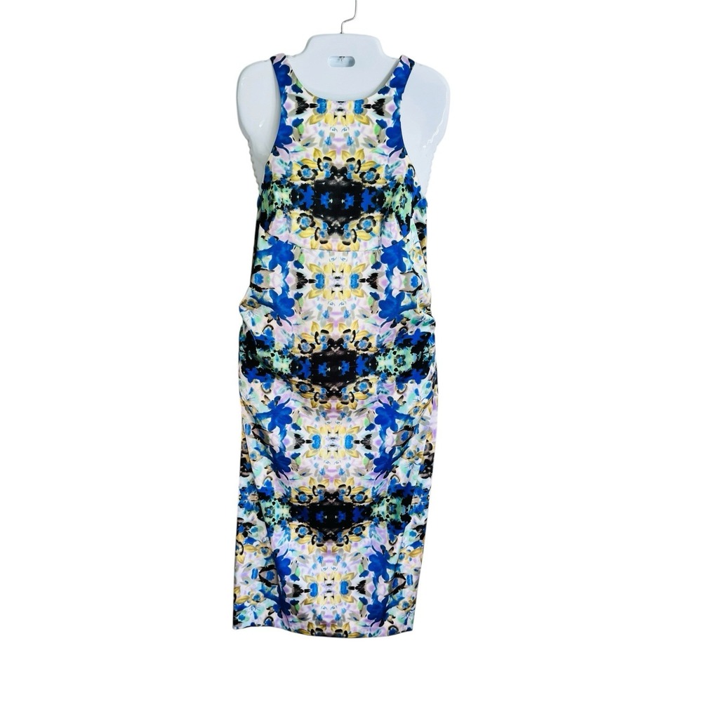 Maggy London Watercolor ‎ Kaleidoscope Mirror Stretch Satin Sheath Dress 14 Blue